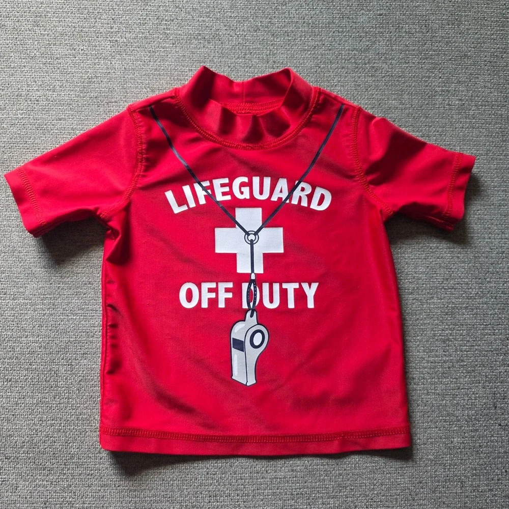 Carters Baby Boy Red Lifeguard Off Duty Short Sleeve Rash Guard Swim Shirt 12M